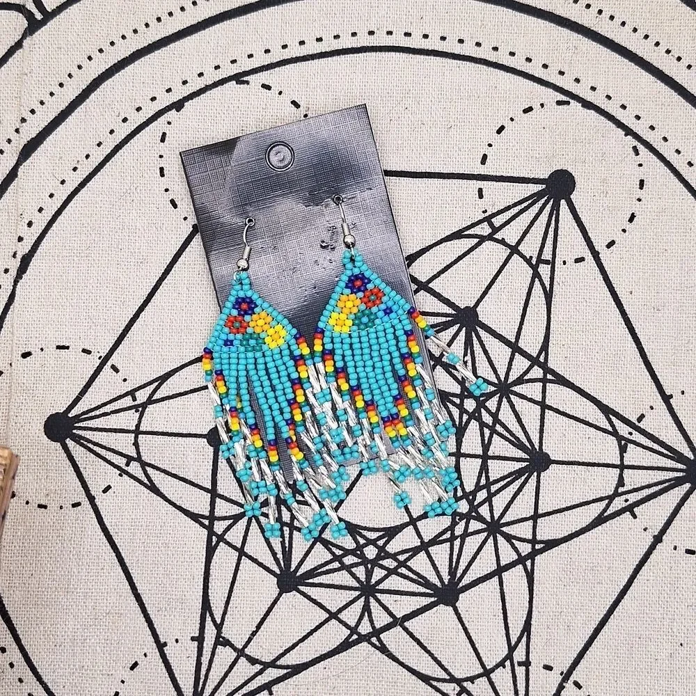 Western beaded earrings Turquoise tribal design dangles fringe tassel